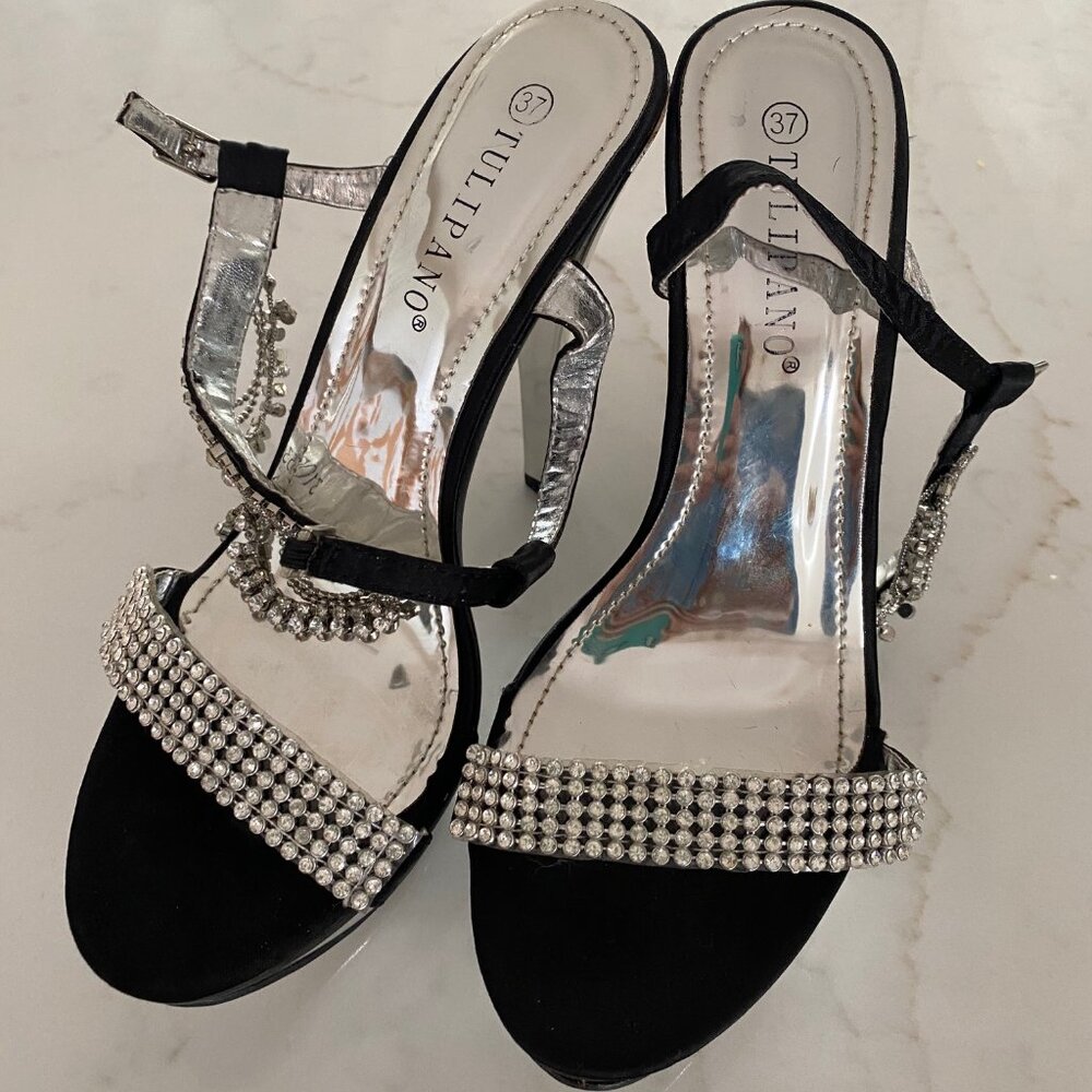 Tulipano High Heel Platform Shoes with Rhinestone Accents and Ankle Trim, Size 3